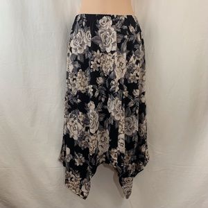 NOTATIONS Petite Rose Floral Asymmetrical Skirt Black White Gray Gold/Brown PM